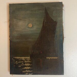 Antique Oil Painting Sailboat Moonlit Sky Dark Academia Unframed Hanging Wire